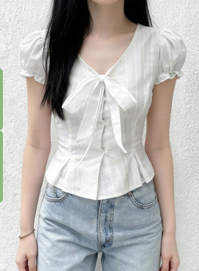 WEEKEEP 法式纯欲少女绑带排扣泡泡袖衬衫白色百搭显瘦短袖上衣