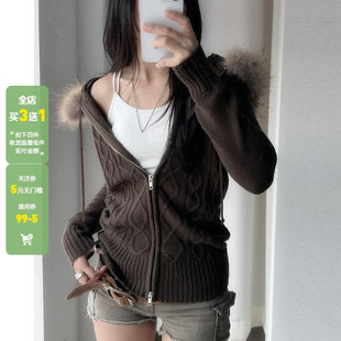 WEEKEEP 复古百搭棕色毛领针织衫连帽上衣女秋冬拉链开衫毛衣外套