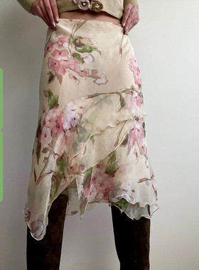 WEEKEEP 小众复古植物花卉印花不规则网纱半裙直筒修身显瘦中长裙