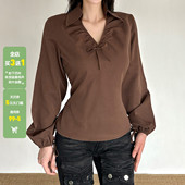 衬衫 WEEKEEP 复古风棕色翻领系带蝴蝶结灯笼袖 女百搭宽松拉链上衣