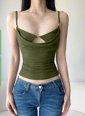 WEEKEEP 绿色拼接设计辣妹性感镂空吊带背心百搭修身收腰显瘦上衣