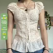 复古少女碎花褶皱花边排扣泡泡袖 WEEKEEP 法式 T恤女收腰绑带上衣