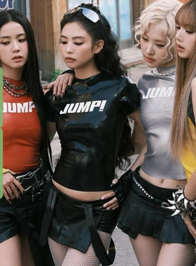 WEEKEEP 美式街头辣妹字母印花PU皮短袖T恤百搭紧身短款上衣跳舞
