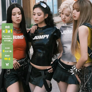T恤百搭紧身短款 街头辣妹字母印花PU皮短袖 上衣跳舞 美式 WEEKEEP
