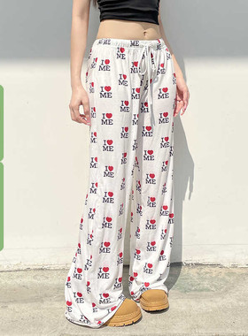 WEEKEEP 慵懒风垂感显瘦高弹印花休闲百搭宽松运动阔腿裤拖地长裤