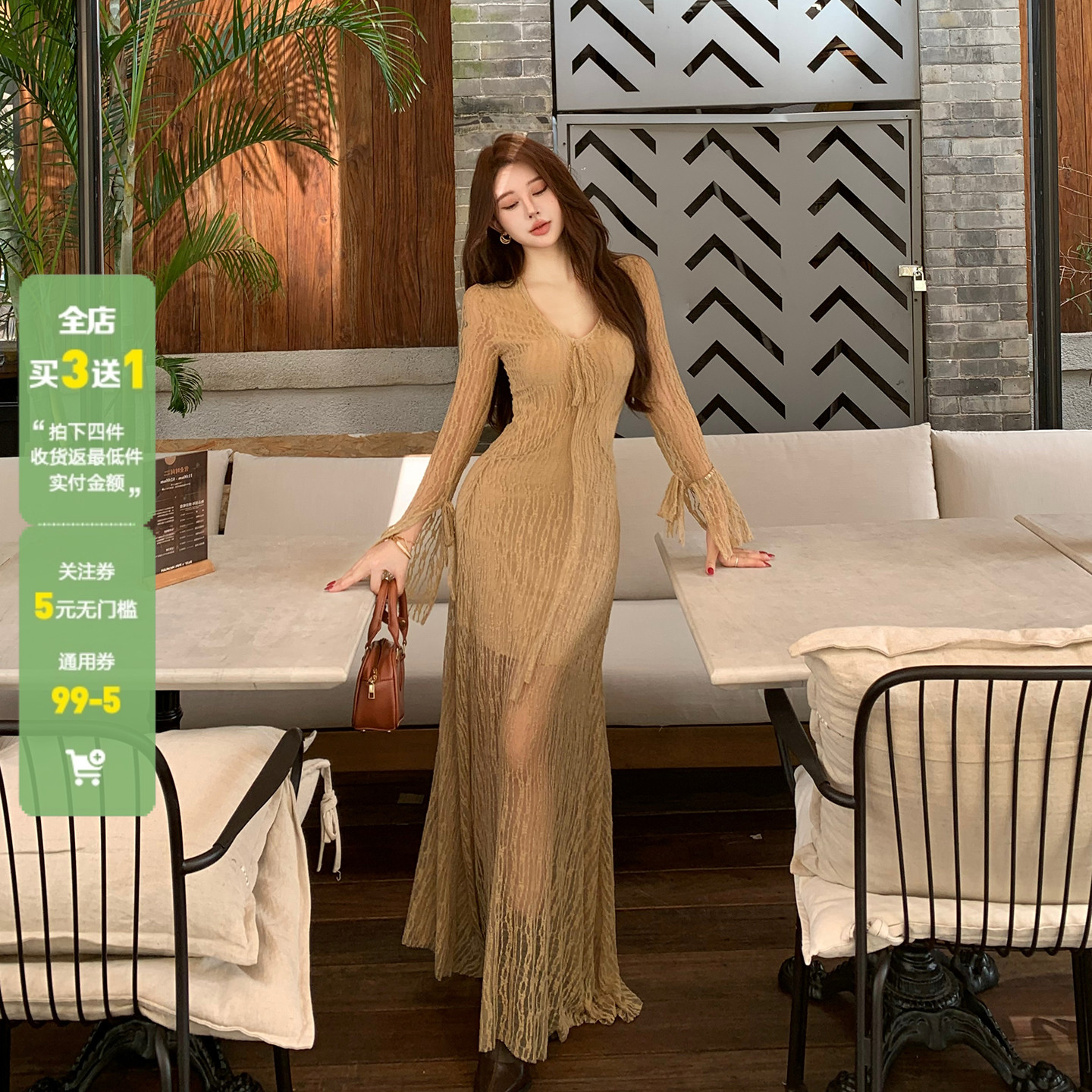 WEEKEEP 法式气质蕾丝系带V领长袖连衣裙收腰显瘦鱼尾飘逸长裙秋