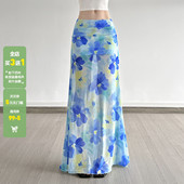 WEEKEEP 辣妹度假风蓝色网纱花朵印花半身裙褶皱包臀鱼尾显瘦长裙