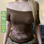 T恤小众修身 WEEKEEP 复古辣妹花卉印花一字肩短袖 两穿圆领上衣潮