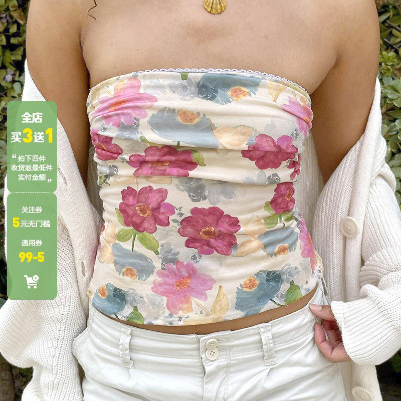 WEEKEEP 度假风浪漫花卉印花褶皱露背抹胸辣妹性感紧身显瘦短上衣