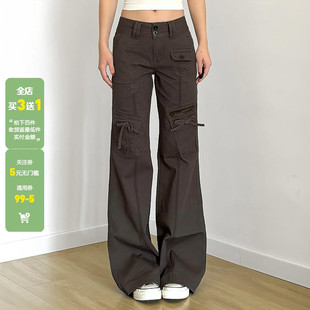 WEEKEEP 美式复古纯色低腰拉链绑带工装风牛仔裤女直筒显瘦长裤潮