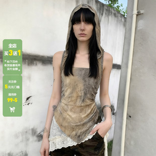 WEEKEEP 废土风晕染渐变破洞设计连帽露背无袖背心辣妹修身上衣潮