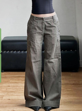 WEEKEEP 美式复古工装风口袋宽松牛仔裤女百搭低腰直筒显瘦长裤