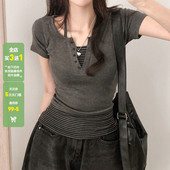 WEEKEEP 街头百搭撞色条纹挂脖吊带V领排扣显瘦针织短袖 T恤两件套