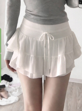 WEEKEEP 纯欲甜美白色低腰系带网纱拼接蛋糕短裙百搭A摆半身裙
