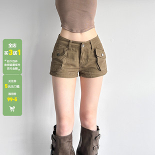 WEEKEEP 卡其色复古工装风多口袋低腰牛仔短裤百搭辣妹修身休闲裤