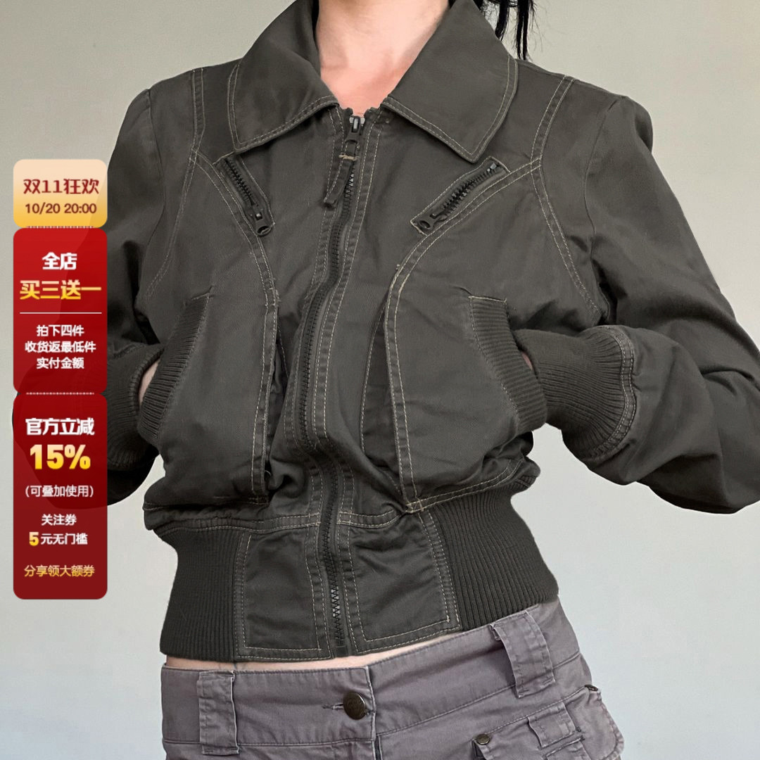 WEEKEEP 街头复古翻领拉链开衫夹克女2025秋季帅气收腰百搭短外套