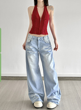 WEEKEEP 街头百搭浅蓝色水洗破洞低腰牛仔裤辣妹直筒宽松显瘦长裤