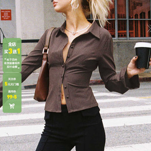 WEEKEEP 法式简约风条纹复古polo领长袖衬衣女秋冬外穿百搭上衣潮