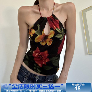 WEEKEEP【夏威夷度假风】复古植物花卉修身挂脖吊带辣妹百搭背心