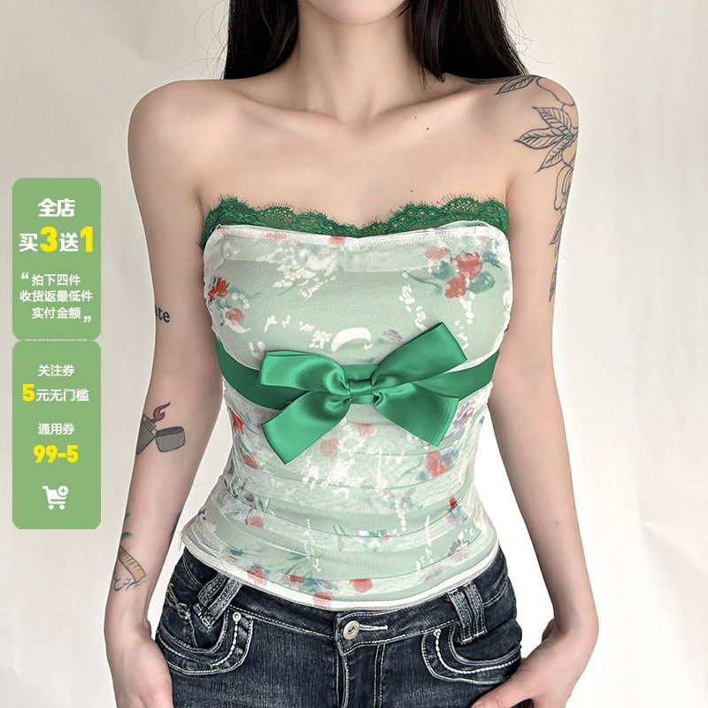 WEEKEEP 复古蕾丝拼接蝴蝶结印花网纱抹胸百搭紧身收腰露背背心