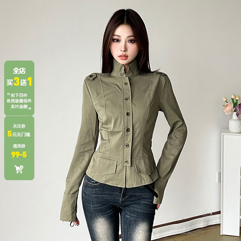WEEKEEP 街头工装风军绿色立领排扣长袖夹克女百搭修身收腰外套