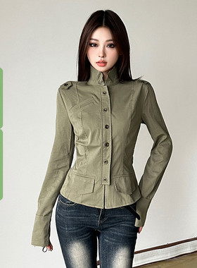 WEEKEEP 街头工装风军绿色立领排扣长袖夹克女百搭修身收腰外套