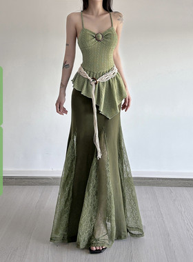 WEEKEEP 森系复古绿色不规则荷叶边露背系带吊带蕾丝拼接鱼尾长裙