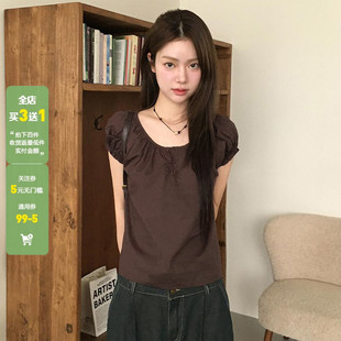 WEEKEEP 百搭简约棕色褶皱圆领泡泡袖T恤女休闲基础修身短袖上衣