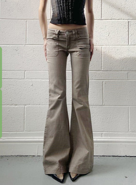 WEEKEEP 美式辣妹卡其色高腰修身显瘦牛仔裤女复古微喇小口袋长裤