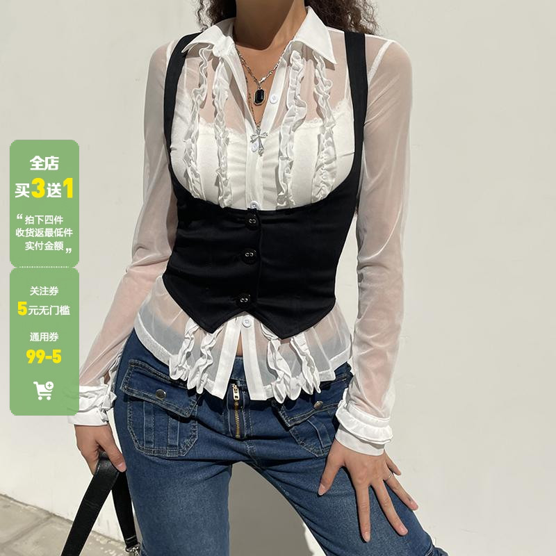 WEEKEEP 街头美式复古黑色排扣背心马甲女百搭外穿收腰显瘦上衣