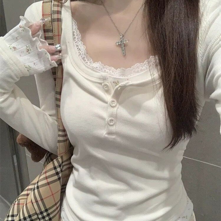 2026新款春季纯欲风辣妹性感露肩长袖T恤女修身显瘦打底衫上衣