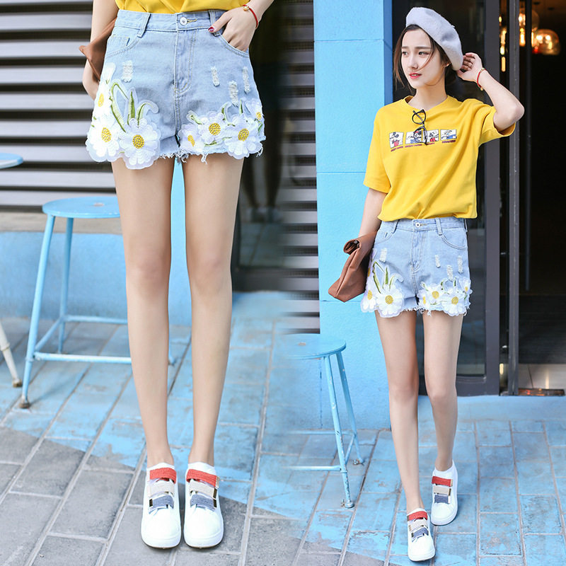 新款清新雅致菊花刺绣牛仔短裤女夏韩版高腰阔腿裤学生热裤宽松