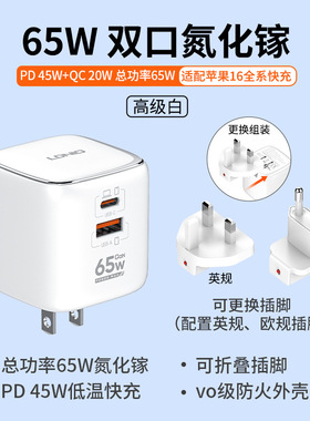 LDNIO力德诺65W氮化镓充电器PD45W快充国际版英欧标港澳版侧面插口适用iphone16苹果安卓手机平板笔记本电脑