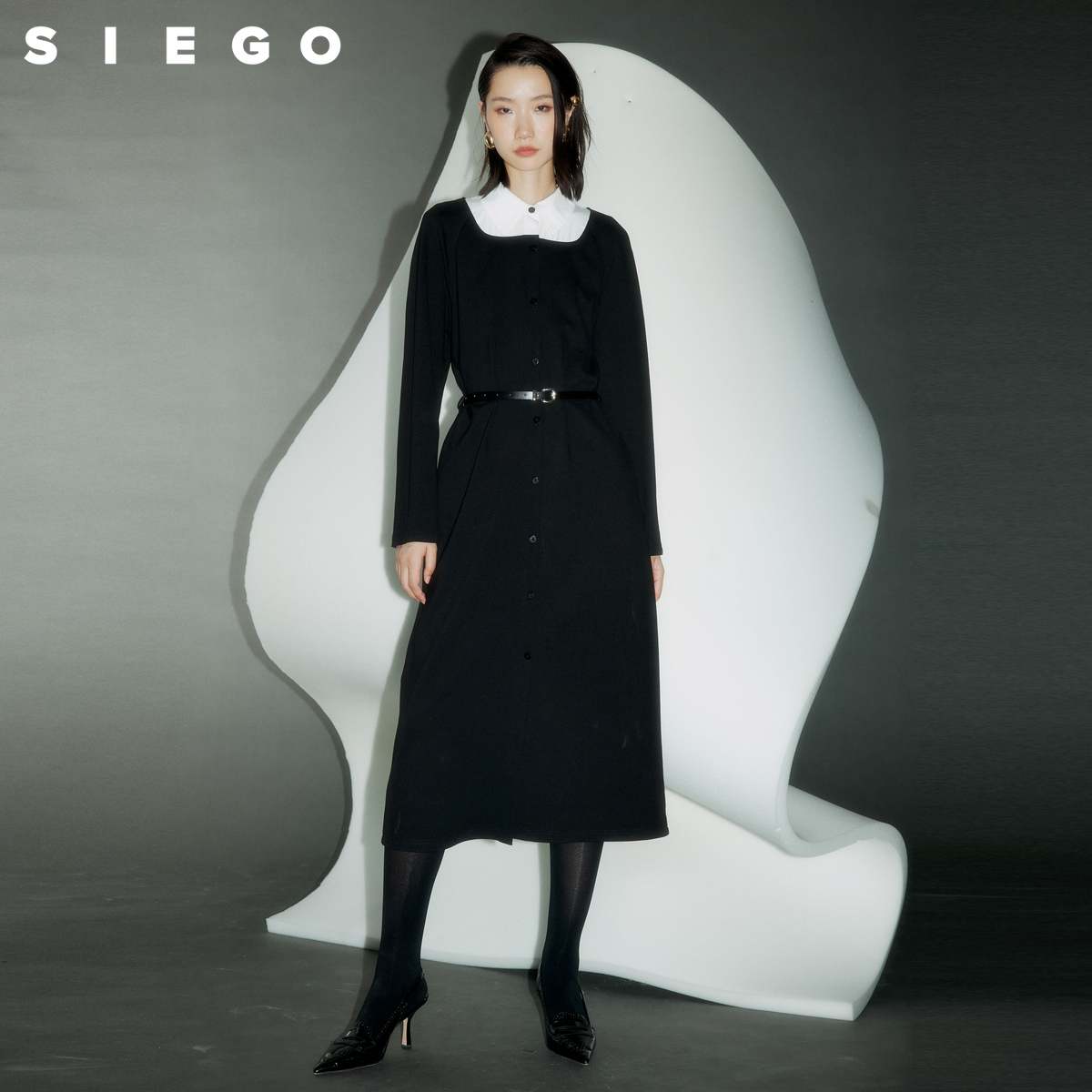 Siego西蔻复古优雅撞色领束腰连衣裙长裙64343602