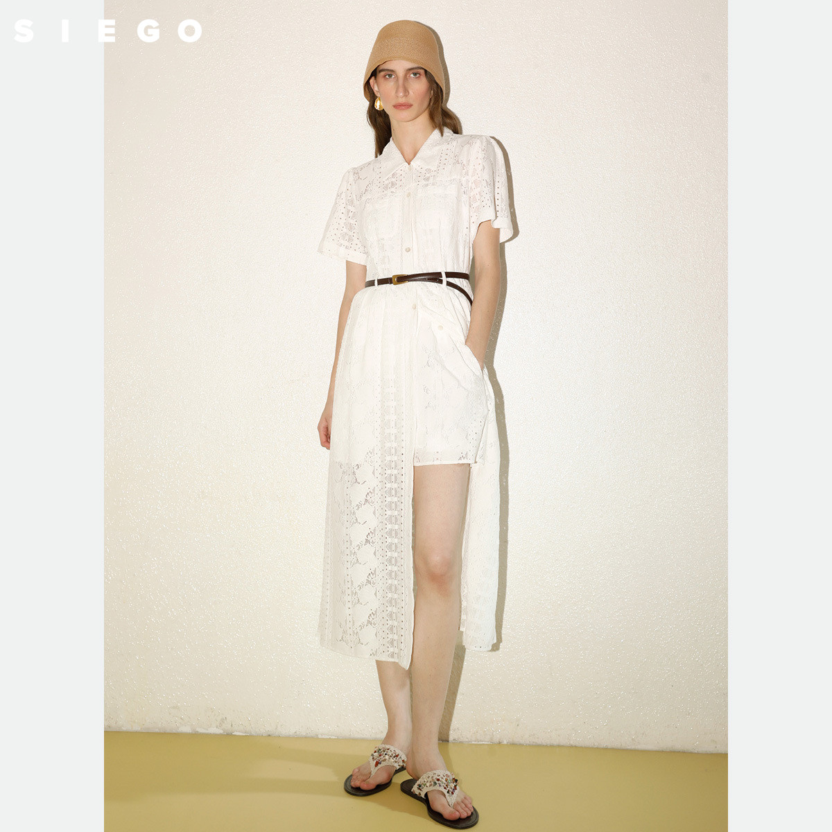Siego西蔻沙白色柔软透气棉蕾丝烧花短袖连衣裙64533626