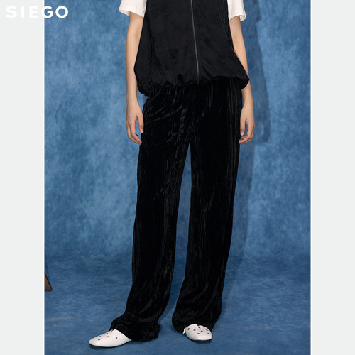 Siego西蔻石墨黑压褶丝绒直筒裤64521607