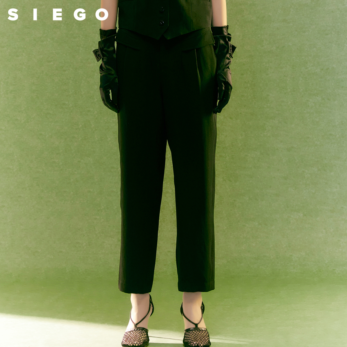 Siego西蔻经典幻影黑高腰直筒双侧口袋精纺九分西裤64331308