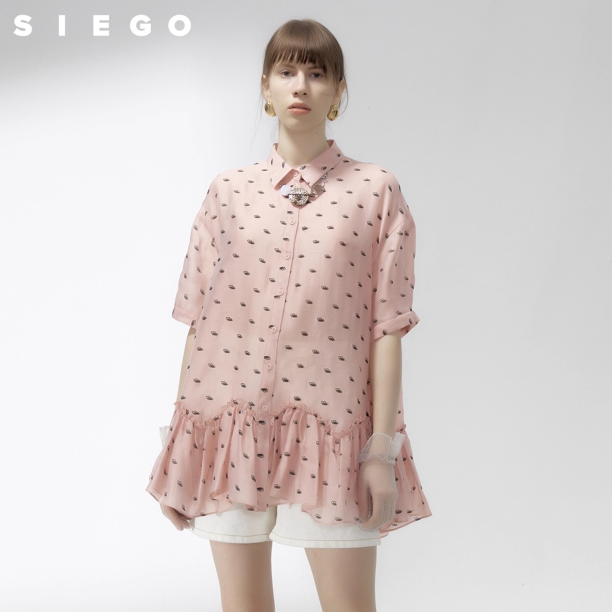 Siego西蔻蜜桃粉压褶轻纱花边下摆短袖衬衫64334311