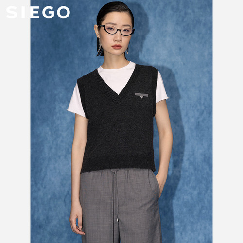Siego西蔻异材质拼接V领无袖针织毛衫64527219
