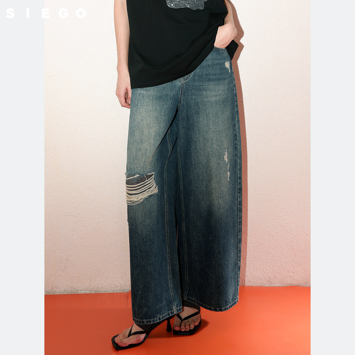 Siego西蔻复古炒盐撞料牛仔磨破阔腿裤64531222