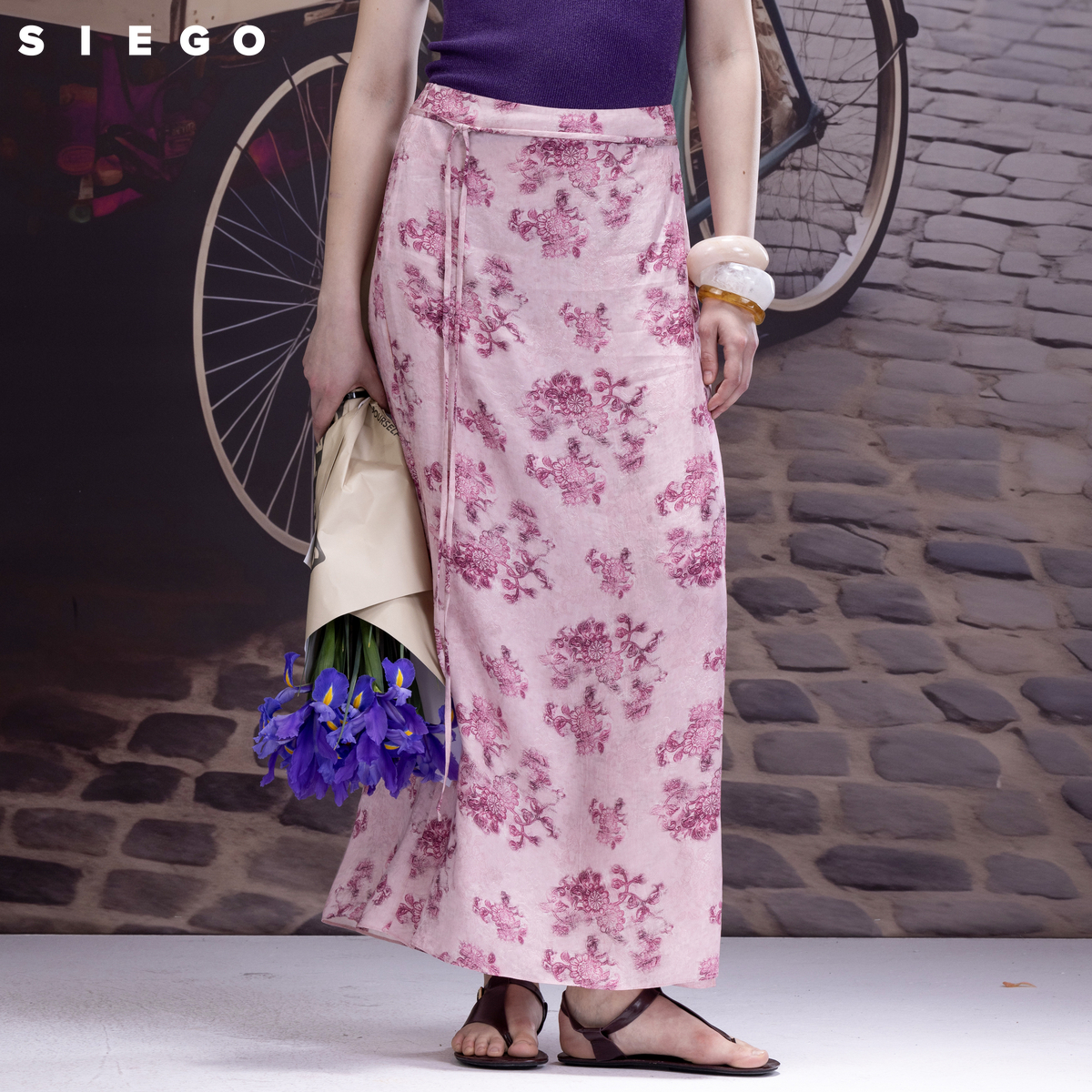 Siego西蔻通勤暗纹肌理提花系带度假风半裙64422616