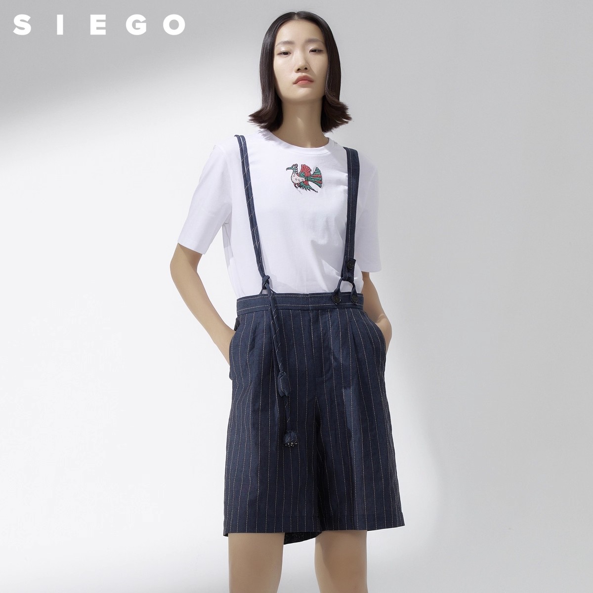 Siego西蔻学院蓝经典竖条纹棉麻可拆卸背带裤64331217