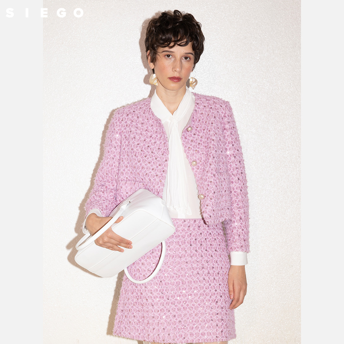 Siego西蔻摩登通勤粗纺珠片料小香风外套64518305