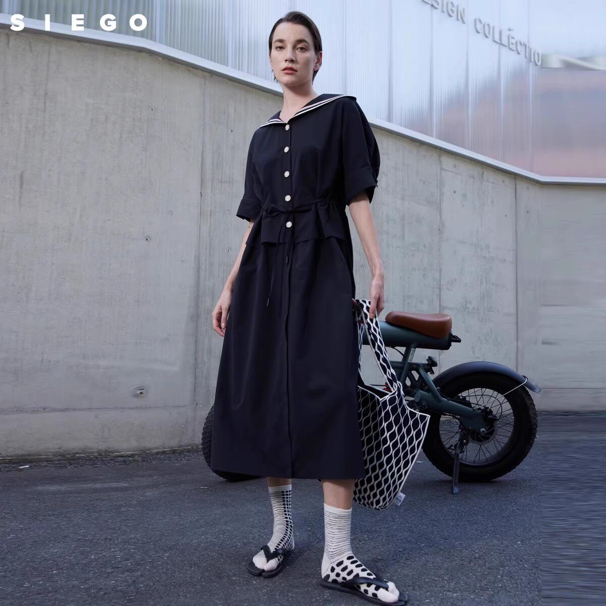 Siego西蔻都市学院风休闲日常度假海军领收腰长款连衣裙64413206