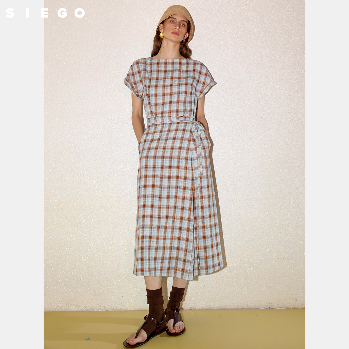 Siego西蔻马德拉斯格纹收腰短袖连衣裙64533527