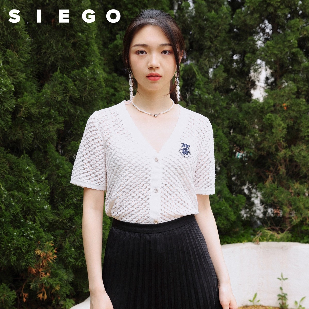 Siego西蔻简约学院风菱形格镂空提花V领针织开衫64337316