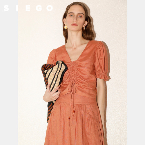 Siego西蔻复古火砖色亚麻大V领截短抽绳小衫64534508