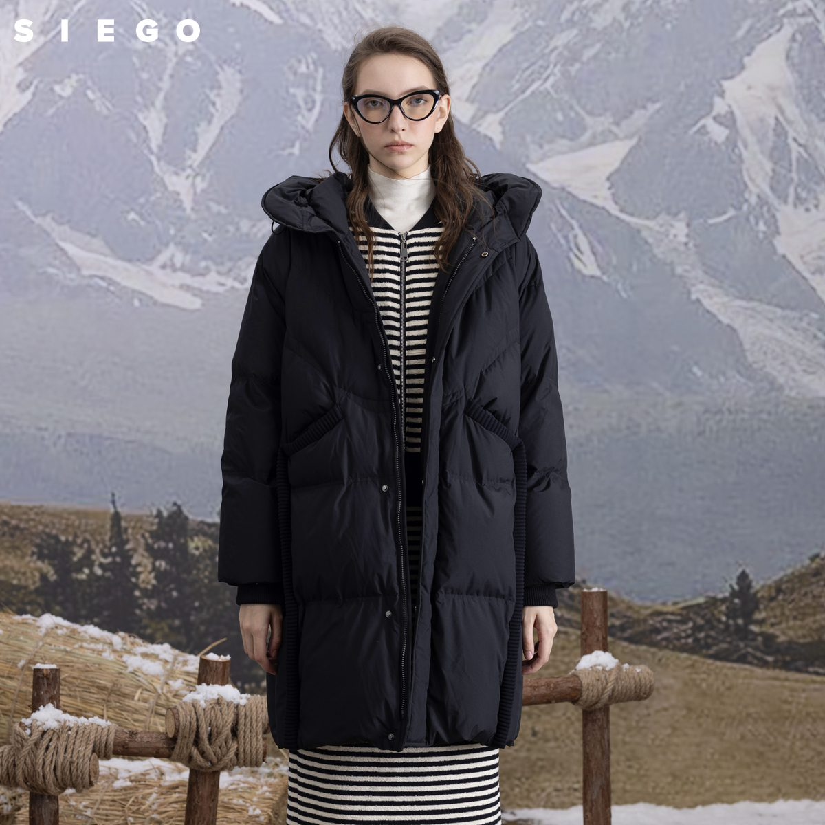 Siego西蔻特殊肌理料毛织包边中长款保暖连帽羽绒服64449645