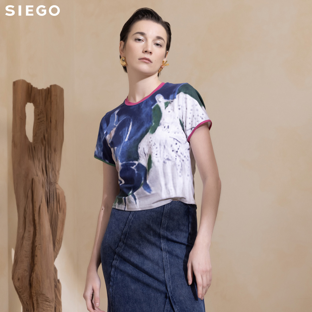 Siego西蔻截短款个性水墨印花撞色边短袖T恤64435208