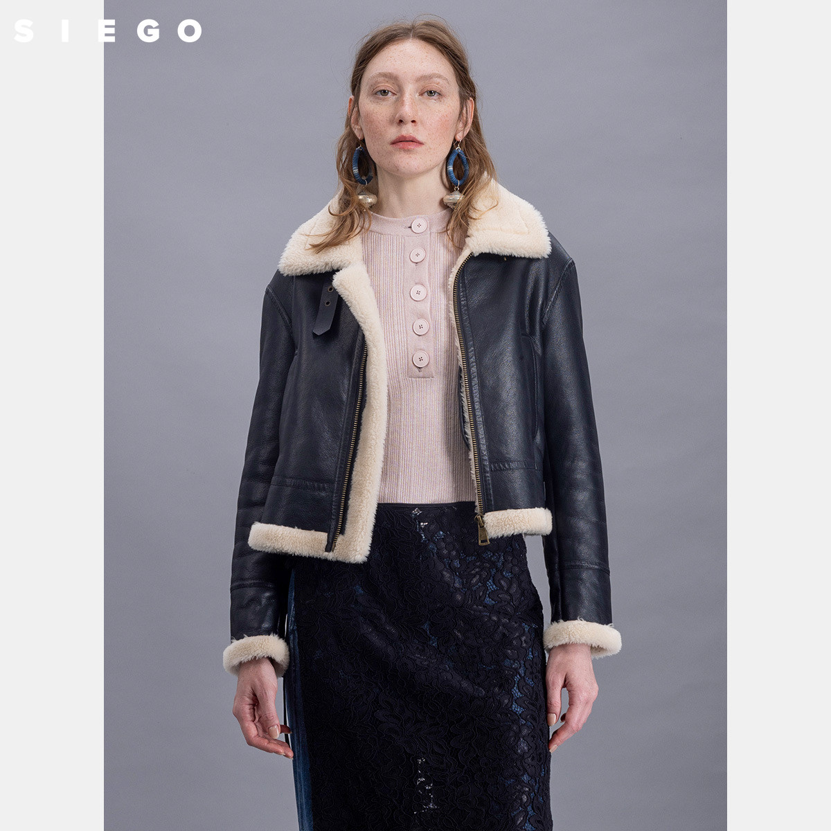 Siego西蔻石墨黑复合生态皮羊毛翻领夹克64449617
